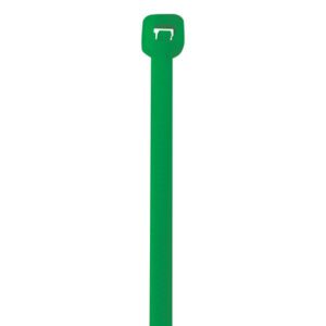 Image of a MH-USA 18 50 Lbs green cable tie with a rectangular head and secure locking mechanism against a white background, ideal for various applications.