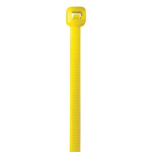 The MH-USA 18 50 lbs yellow cable ties (500/Case) feature a rectangular locking head and textured surface, displayed vertically on a plain white background.