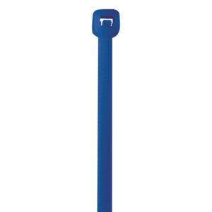 The MH-USA 18 50 Lbs blue cable ties (500/Case) feature a durable serrated tail and rectangular head, ideal for secure fastening. The plain white background highlights their texture and efficient locking mechanism.