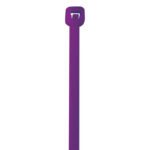 The MH-USA 18 50 Lbs Purple Cable Ties feature a rectangular locking head with a sleek finish. Made from durable plastic, they secure cables or items effectively. Displayed on a white background, theyre available in cases of 500.