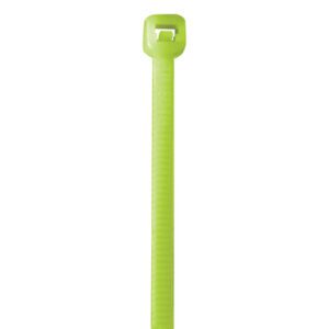 A vibrant MH-USA 18 50 lbs fluorescent green cable tie is showcased on a plain white backdrop, standing upright to highlight its strong locking mechanism, making it a reliable choice for any bundling need.