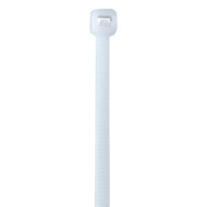 The MH-USA 19 50 Lbs Cable Ties in natural color feature a top ratchet mechanism, shown on a white background. Ideal for easy securing, theyre available in cases of 500.