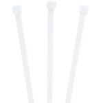 Three natural-colored MH-USA 24 120 Lbs cable ties, each with a small rectangular locking mechanism, are fanned out against a plain background with the locking ends facing upwards. They are sold in cases of 100.