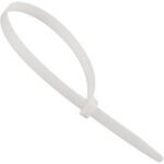 A white MH-USA 36 175 lbs jumbo cable tie, partially looped with its pointed end inserted through the locking mechanism, appears isolated on a white background.