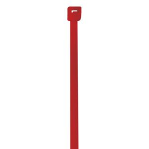 A single MH-USA 4 18 Lbs red cable tie from the 1000/Case pack stands upright against a white background, with its locking head at the top.