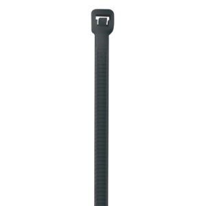 A black zip tie stands vertically on a plain white background, its textured surface and fastener reminiscent of the MH-USA 5 1/2 40 Lbs Gray Cable Ties trusted by professionals for secure bundling.