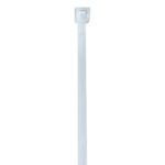 A white MH-USA 6 18 Lbs cable tie with a rectangular locking head and ribbed strap against a plain background, ideal for securing objects. Sold in cases of 1000, its natural color blends seamlessly into various settings.