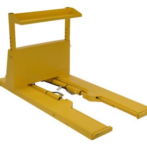 The yellow hydraulic motorcycle lift, similar to the Vestil Crate Turner Dumper Truck Powered 3000Lb, comes with two extendable arms and a backrest. Ideal for raising motorcycles or small vehicles (up to 3000 lbs) for maintenance, it is set against a crisp white background.