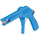 The MH-USA CTG702 Cable Tie Gun features a vibrant blue design with a trigger handle for ease of use. Its ergonomic build enhances comfort, and the visible metal staple compartment at the front assures practical functionality.