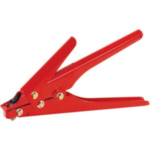 The MH-USA CTG706 Cable Tie Gun in red has a metallic finish, with two handles and a hinge mechanism designed for creating holes in materials, depicted in a closed position.