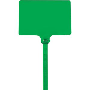 A bright green plastic luggage tag designed like MH-USA 6 Green Identification Cable Ties, featuring a rectangular identification flap with a buckle strap for secure attachment to luggage handles.