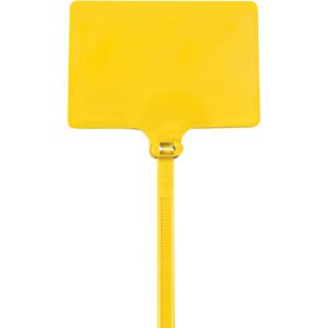 The MH-USA bright yellow plastic fly swatter features a sleek design similar to the MH-USA 6 120 Lbs Yellow Identification Cable Ties. It has a rectangular head, long handle, and small hanging loop for effective use with every swing.