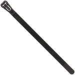The MH-USA 5 1/2 50 Lbs Black Releasable Cable Ties (1000/Case), featuring a rectangular locking head and tapered tip, securely bundle items with adjustable fastening thanks to its ridged, releasable design in a sleek black finish.