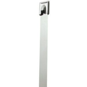 A 27 silver MH-USA stainless steel cable tie, featuring a flat, narrow body and a hooked end, is positioned vertically against a white backdrop.