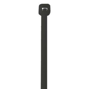 The MH-USA 16 50 Lbs Black UV Cable Ties feature a locking mechanism and a long, flat design for securing items, presented on a white background. Sold in cases of 500, they offer versatile utility.