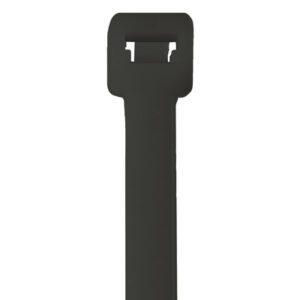 A detailed image of a black cable tie featuring a square head and lock on a white background highlights the durability of the MH-USA 21 175 Lbs Black UV Cable Ties (100/Case).