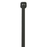 The MH-USA 21 50 Lbs Black UV Cable Ties, available in cases of 500, feature a rectangular locking head and ribbed tail for durability and strength. They are displayed vertically against a white background.