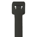 Close-up of an MH-USA 36 250 Lbs Black UV Cable Tie (100/Case) against a white background, upright with its notched end and square locking head visible, ideal for heavy-duty tasks.