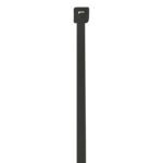 A MH-USA 4 18 Lbs black UV cable tie is vertically displayed on a white background, showcasing a rectangular locking head that highlights the strength and reliability found in every case of 1000.