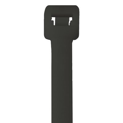 CTUV48175.jpg The MH-USA 48 175 Lbs Black UV Cable Tie, featuring a rectangular locking head and flat tail, is showcased vertically against a white background. This robust design is part of the 50 per case offering.