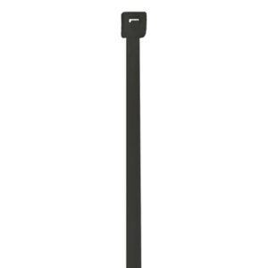 The MH-USA 5 1/2 18 Lbs Black UV Cable Tie is shown vertically with a square locking head and tail extending downward against a white background.