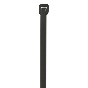The product MH-USA 5 1/2 40 Lbs Black UV Cable Ties (1000/Case) features a textured surface and a robust rectangular locking head, standing vertically against a white background.