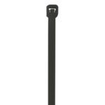 Displayed against a white background, the MH-USA 8 40 Lbs Black UV Cable Tie with a rectangular locking head features a textured surface for bundling cables or securing items, available in cases of 1000 for heavy-duty use.
