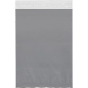 The MH-USA 14 1/2 x 19 Clear View Poly Mailers are grey, opaque bags with a white adhesive strip for secure sealing, perfect for safely shipping or packaging items. These mailers have a smooth texture and come in cases of 100.
