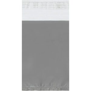 The MH-USA 5 x 7 Clear View Poly Mailers come in a case of 100, featuring a resealable gray and white plastic design. The top is translucent with a zip-lock seal, while the bottom is opaque gray, ensuring secure mailing of contents.