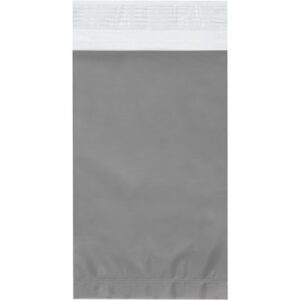 The MH-USA 6 x 9 Clear View Poly Mailers, packed 100 per case, feature a plain gray design with a white adhesive seal at the top. The smooth, reflective surface is logo-free and text-free, vertically oriented with the seal at the upper edge.