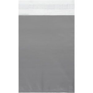 The MH-USA 9 x 12 Clear View Poly Mailers feature flat, unused bags with a plain gray design and a white adhesive strip, providing a smooth surface ideal for secure mailing.