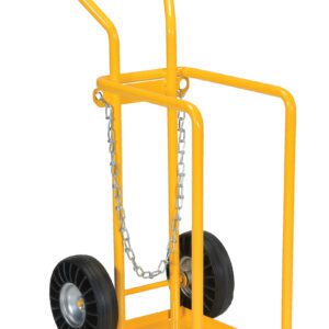 The Vestil Cylinder Tilt Back Hand Truck 150 Lb moves heavy items with a yellow frame, two black wheels, a metal base, and two handles with black grips. A front chain secures loads up to 150 lbs efficiently.