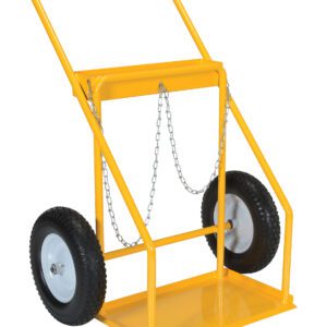 The Vestil Cylinder Tilt Back Hand Truck 250 Lb features a sturdy yellow frame with a high-back design, horizontal handle, and metal frame equipped with a chain for securing up to 250 lbs. It has two wheels with black treads and silver centers, ideal for safe transportation.