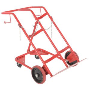 The Vestil Cylinder Tilt Back Hand Truck 350 Lb features a sturdy red metal frame, large front black wheels, smaller rear caster wheels, chains for item security, and a convenient handle for easy maneuverability.