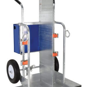 Introducing the Vestil Foam Filled Galvanized Torch Cart 500 Lb: a robust wheeled metal dolly with dual handles and a blue storage box. Its two large wheels and adjustable brackets ensure easy handling of up to 500 lb, on an understated white backdrop.