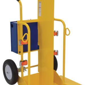 The Vestil Foam Filled Welding Torch Cart 500 Lb features a sleek design with a tall vertical back support, two clamps for multipurpose use, and a spacious blue storage compartment with base slots for efficient lifting. Its perfect for transporting up to 500 lbs.