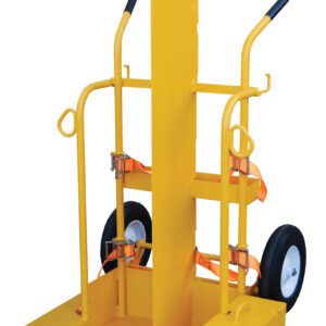 The Vestil Foam Filled-Fire Proof Torch Cart 500 Lb is a durable hand truck ideal for bulky items. It features a yellow frame, rubber tires, straps for security, and dual handles on a reinforced rectangular base to ensure stability and durability.