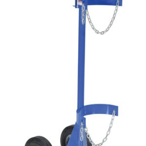 The blue Vestil Cylinder Dolly With Hard Rubber Wheels is a hand truck designed for gas cylinders, featuring two large wheels, a red handle, and metal chains to secure your items.