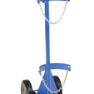 The Vestil Deluxe Cylinder Dolly-Hard Rubber Wheels has a blue, sturdy metal frame ideal for transporting gas cylinders. It includes two circular holders with security chains and a flat base supported by stabilizing wheels.