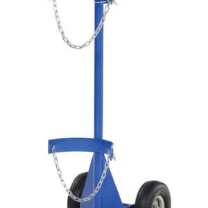 The Vestil Deluxe Cylinder Dolly-Pneumatic Wheels has a blue vertical steel design with two pneumatic wheels, stabilizing feet, two chain loops for securing contents, and a handle for easy movement, ensuring safe and efficient transportation.