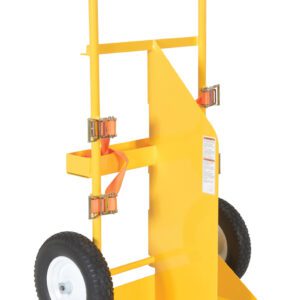 The Vestil Cylinder Torch Cart-Foamed Filled 57 In has a yellow hand truck design with two black handles, a sturdy metal frame, large black wheels, and orange securing straps for stability. Its flat base ensures easy transport.