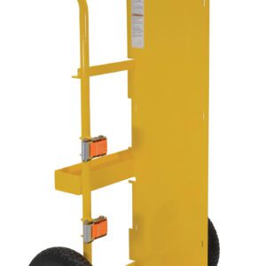 A yellow hand truck with two black handles and sturdy wheels, featuring a tall, flat back with small cutouts and a wide base for load support, resembles the design of the Vestil Torch Cart-Lift Eye-Foamed Filled 66.375In.