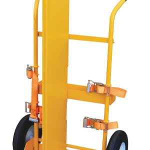 The Vestil Torch Cart-Lift Eye-Fire Proof-Ff 66.375In is a yellow hand truck with two large black wheels and orange securing straps, featuring a tall vertical backing and black handles for easy maneuverability, making it practical and reliable for transport needs.