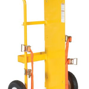 The Vestil Torch Cart-Lift Eye-Fire Proof 66.375In is a yellow hand truck with large black wheels, a tall back, and heavy-duty design. It includes side handles, two orange securing straps, and a wide base for moving bulky items efficiently.