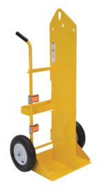 The Vestil Torch Cart-Lift Eye-Pneumatic Wheel features a bright yellow design, tall backplate, two large pneumatic wheels, black handle, wide platform, and two orange securing straps for stability. It measures 66.375 inches in height.