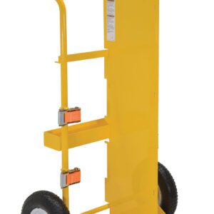 The Vestil Torch Cart-Lift Eye-Pneumatic Wheel features a bright yellow design, tall backplate, two large pneumatic wheels, black handle, wide platform, and two orange securing straps for stability. It measures 66.375 inches in height.