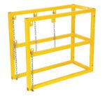 The Vestil Cylinder Barricade Rack 3 Cylinder is a yellow, rectangular metal barrier with chains for securing and organizing up to three large cylinders, featuring a two-section frame reinforced with horizontal bars for enhanced support and stability.