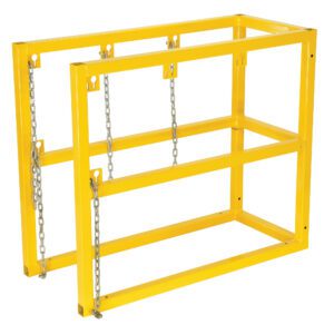 The Vestil Cylinder Barricade Rack 3 Cylinder is a yellow, rectangular metal barrier with chains for securing and organizing up to three large cylinders, featuring a two-section frame reinforced with horizontal bars for enhanced support and stability.