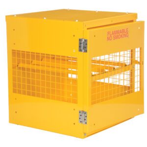 The Vestil Horizontal Cylinder Cabinet 4 Cap Kd is a yellow metal safety cage featuring wire mesh and an open hinged door, with Flammable No Smoking stenciled boldly in red on the side.