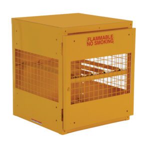 The yellow Vestil Horizontal Cylinder Cabinet 4 Capacity, labeled FLAMMABLE NO SMOKING in red, features front and side mesh panels for ventilation and a solid top to ensure safe storage of hazardous materials.